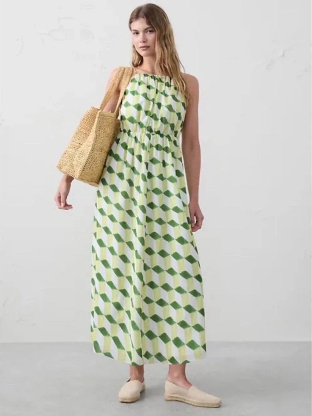 NWT – Banana Republic Voile Green Geometric Halter Maxi Dress – Medium